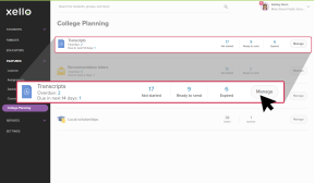 College Planning page open with Transcripts tile highlighted